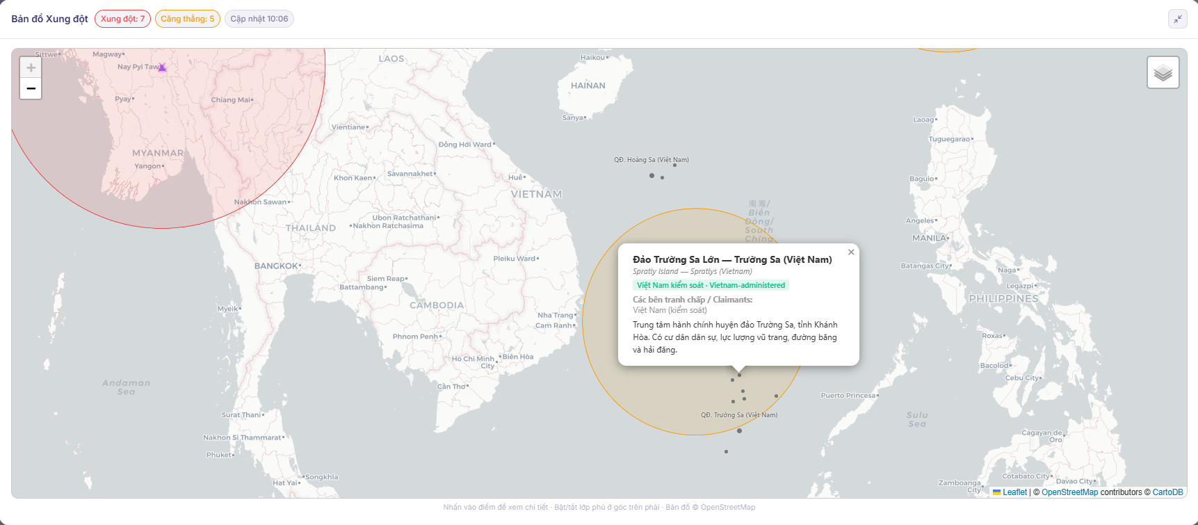 Conflict map — layer Hoàng Sa & Trường Sa ở zoom khu vực