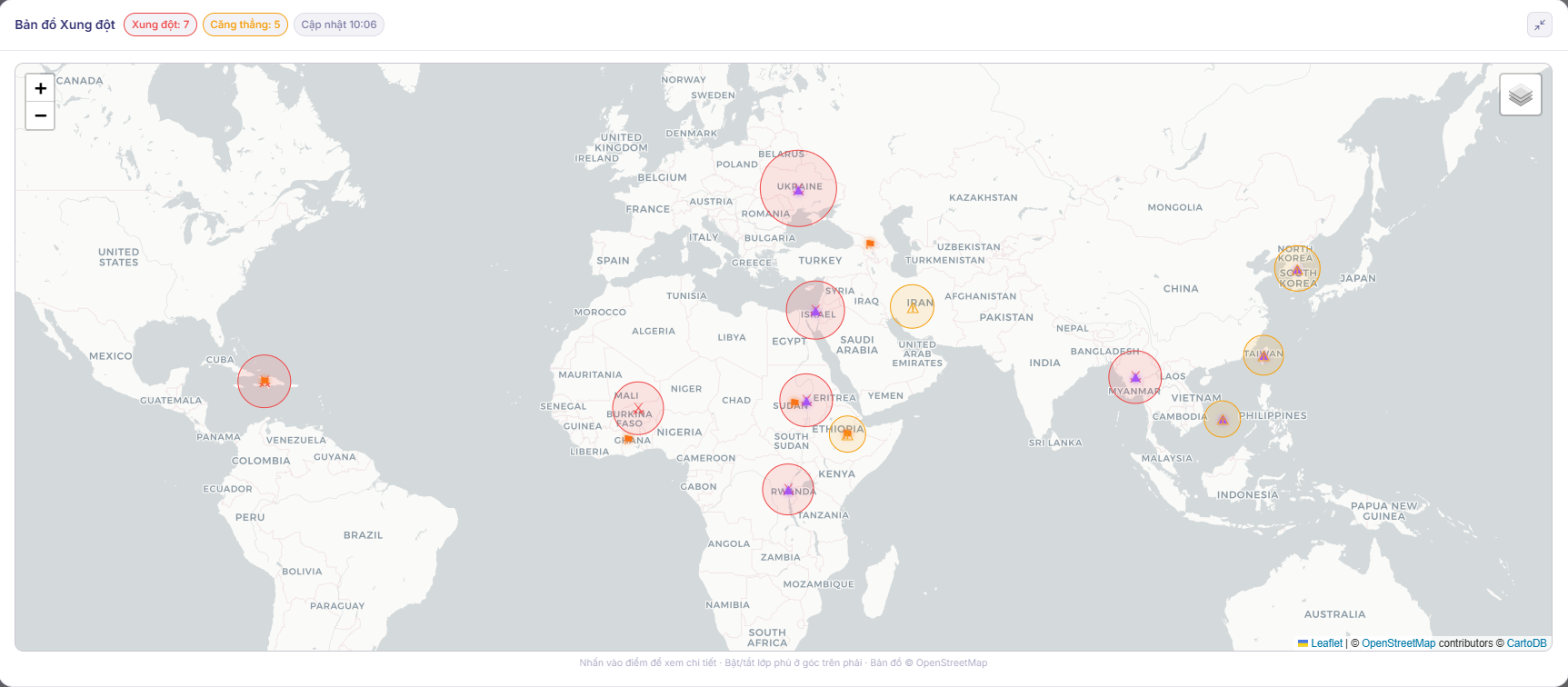 Conflict map — CartoDB dark tile với layer Hoàng Sa & Trường Sa